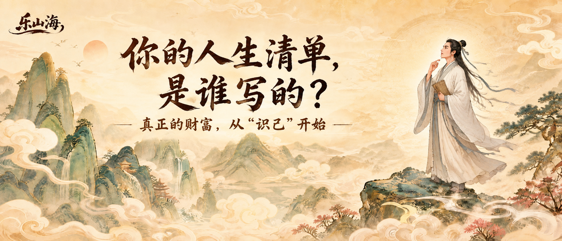 参考图的敦煌风国潮山水插画风格，暖金色调，祥云缭绕的青绿山水，… - 图片创意预览