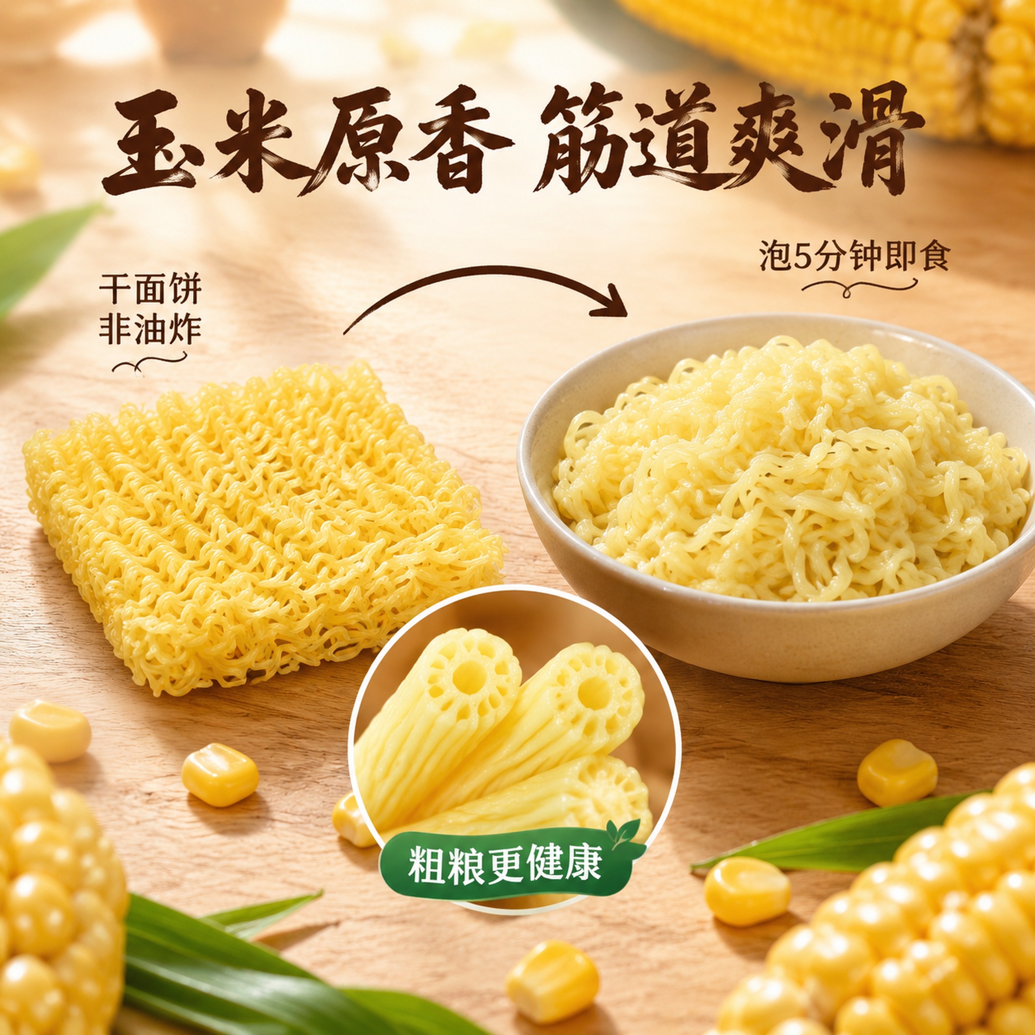 [主图-3] 玉米面条细节微距图 面饼与煮后对比。 [氛围风格… - 图片创意预览