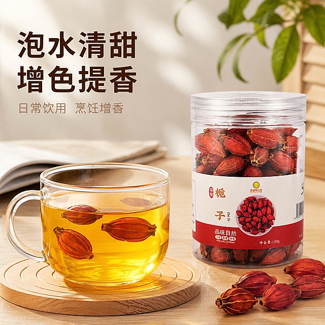 [主图-4] 栀子食用场景展示主图，展示泡水用法，增强代入感
[氛围风格] 温馨生活场景，自然治愈风格
[画质] 商业生活摄影，光线柔和，画面清新自然
[元素] 透明玻璃杯中放入几颗栀子，泡出透亮金黄色栀子水，杯子放在浅色木质杯垫上，旁边放罐装栀子产品和几颗干栀子，背景是简约桌面，营造居家饮用场景；保持罐装产品外观与输入一致，栀子果实颜色质感一致，杜绝变形色差。画面主体为泡好的栀子茶和产品展示，主体占比约 65%
[光影] 自然桌面柔光，光线柔和温暖，突出茶水通透金黄光泽，玻璃杯高光自然，整体氛围温暖治愈
[配色] 主色金黄茶水+红棕栀子，浅木色背景，清新暖调
[视角构图] 平视生活化视角，景深适中，场景自然不刻意
[文字版式] 左上角文案「泡水清甜 增色提香」大字深棕粗体，下方小字「日常饮用 烹饪增香」浅棕色，文字放在画面空白区域，不遮挡杯子和产品
[输出要求] 1:1 比例，文字清晰可辨，超高清商业摄影质感
[负向提示词] 变形，文字错乱，产品模糊，背景杂乱，水印，电商平台Logo，医疗功效宣传