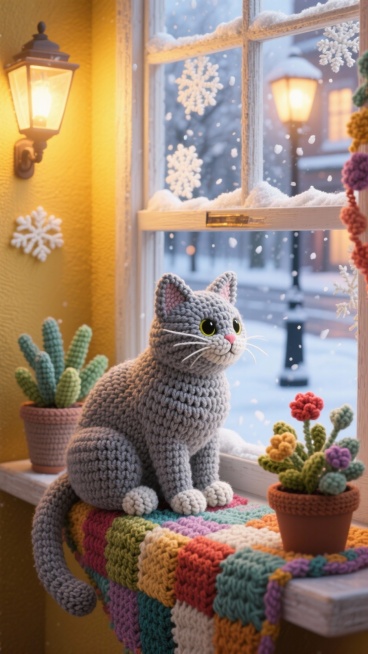 编织艺术风格，趴在窗台看雪的猫咪，猫咪是灰色毛线编织、爪子搭在毛线窗台上，窗台摆着毛线多肉盆栽，室内暖光和室外冷光交织，背景是窗外飘雪的街道和路灯，特写构图，超高清晰度。预览效果