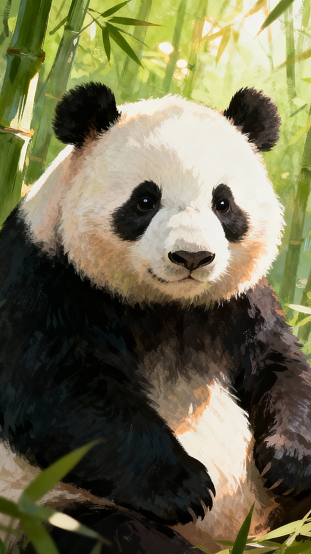 水彩风与厚涂技法结合，描绘竹林中静坐的熊猫，清新柔和，充满自然舒适感，插画风格细腻生动。