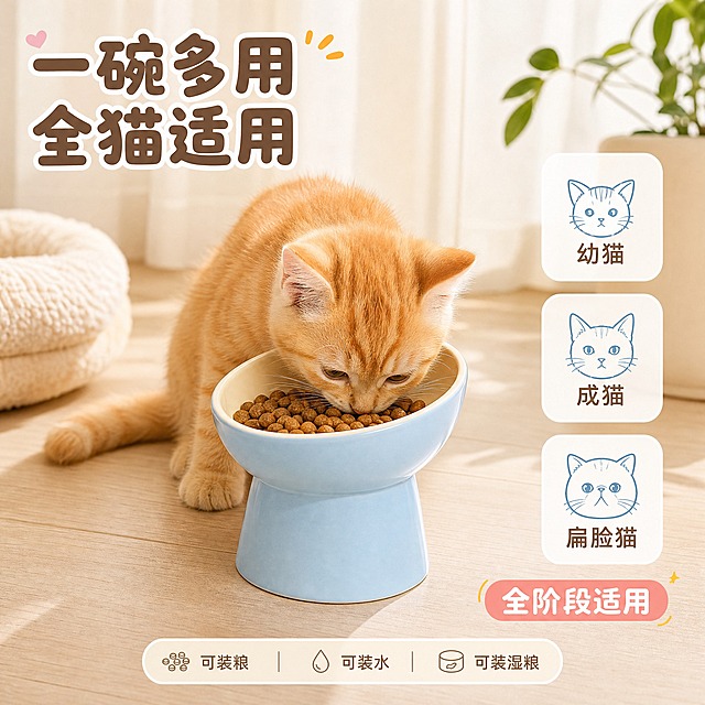 [主图-4] 陶瓷斜口护颈高脚猫碗 场景与适配 多猫种适用 多用功能
[统一基调] 淘宝天猫宠物用品主图 清新治愈软萌风格 主背景浅奶油米色 辅助色淡天蓝 强调色暖橘粉 卡片用白色圆角柔边 图标用圆润线性风 标题用圆润可爱粗圆体 说明文字用清爽细圆体 整体专业品质又亲和
[画面] 画面为温馨家居客厅角落场景 浅色木地板 背景有浅米色窗帘和一小盆绿植 场景中央放置陶瓷斜口护颈高脚猫碗 碗内装着猫粮 一只可爱的橘色短毛幼猫正低头舒适地进食 猫咪姿态自然 产品清晰可辨 画面右侧竖排三个白色圆角小卡片 分别展示三种适用猫咪头像图标 幼猫 成猫 扁脸猫 下方标注 全阶段适用 底部还有一行小字 可装粮 水 湿粮
[光影质感] 自然室内柔光 窗边光线感 场景真实温馨 产品融入场景自然 无悬浮感 猫咪毛发质感柔软真实
[配色] 主背景浅奶油米色家居场景 标题字深暖棕色 卡片白色 图标淡蓝色 猫咪橘色暖调 整体和谐
[文字版式] 左上大标题 一碗多用 全猫适用 右侧三个竖排小卡片 每个卡片有猫咪图标和名称 底部小字说明多用功能 文字全部横排 清晰不遮挡主体
[输出要求] 1:1正方形 2048x2048 产品清晰不变形 猫咪自然可爱 场景真实 文字清晰可读 无错字 无水印 无平台logo 禁止猫咪畸形 产品变形 画面杂乱