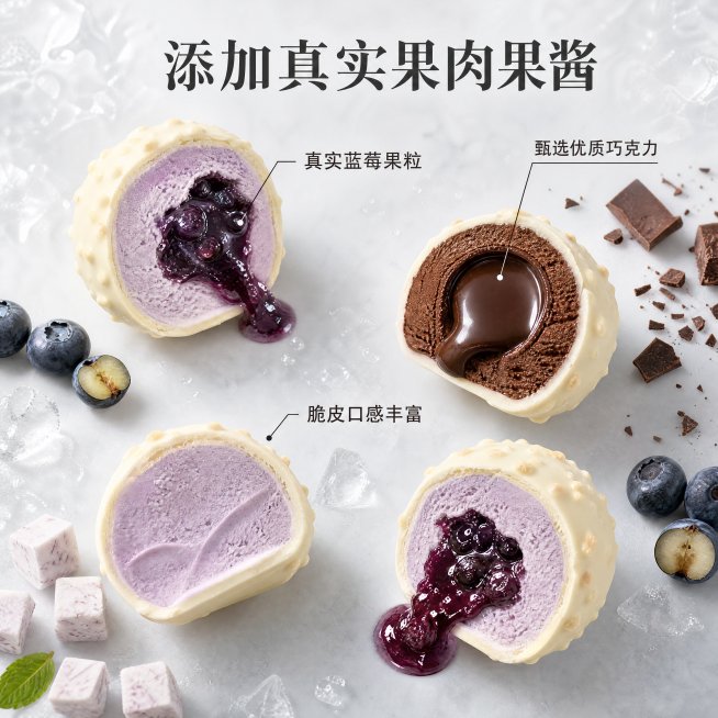 [主图-2] 核心卖点展示图，突出真材实料品质
[氛围风格] 实拍级干净简约风格，浅灰色高级背景，冰气氛围感，雪糕纹理清晰
[画质] 商业摄影质感、光线柔和通透、产品清晰真实、画面干净高级
[元素]预览效果