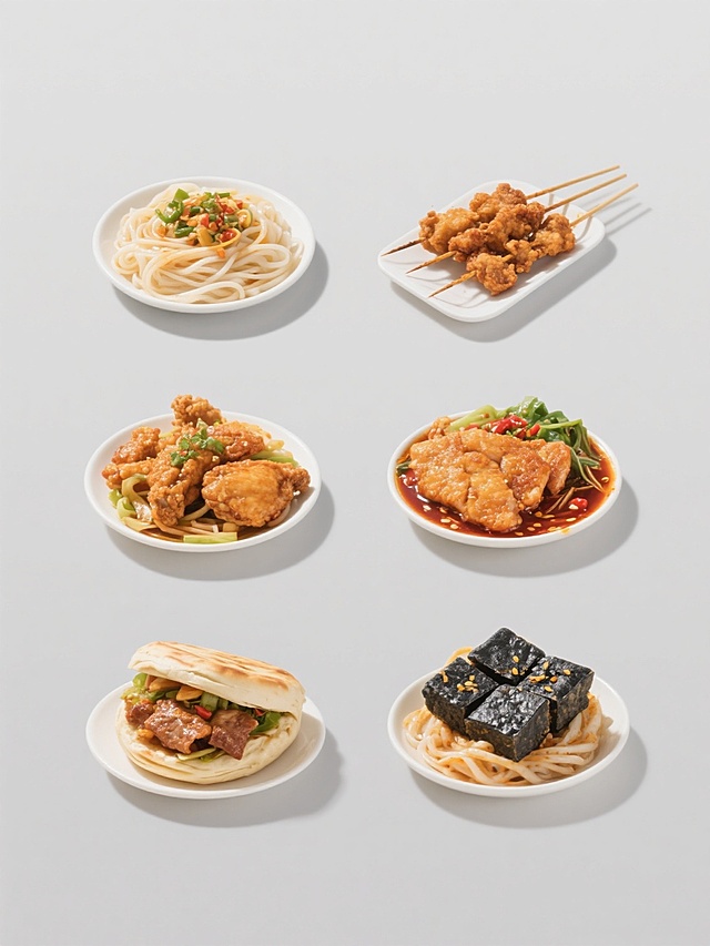 六个街边小吃菜品以2×3网格状规整排布，简约现代风格，纯色背景，无文字无logo无水印。包含凉皮、烤串、炸鸡排、麻辣烫、肉夹馍、臭豆腐，每个菜品都有清晰的食材细节和真实质感，明亮自然光线，高饱和度色彩，美食摄影级清晰度，突出食物的诱人色泽和纹理，整体构图平衡对称，保持统一的简约现代视觉语言。