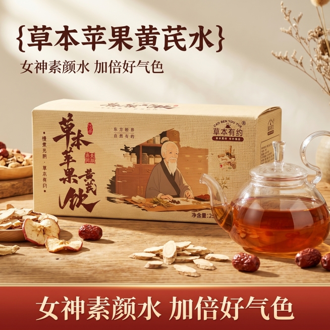 [主图 1] 草本苹果黄芪水产品首图，女神素颜水加倍好气色。[氛围风格] 抖音推荐风，国风养生复古氛围，自然真实食欲感，强视觉冲击高清实拍。[画质] 商业摄影质感，光线柔和通透，产品清晰真实，画面干净预览效果