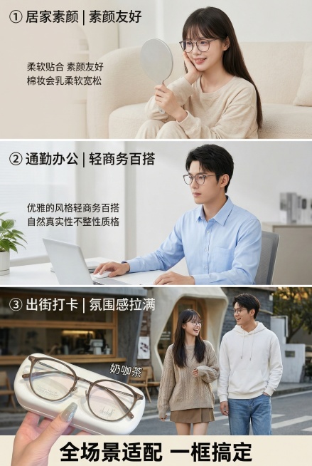 2:3 竖版电商详情图，严格还原上传的产品图，包括包装设计、颜色、LOGO位置、文字内容、图案元素等所有细节；产品外观必须与参考图完全一致，保持钛金属的哑光 / 高光质感。分三栏展示三大佩戴场景：①预览效果