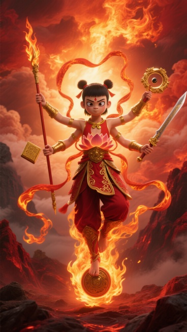 中国神话风格，哪吒位于画面中心，三头六臂，六臂分别握持火尖枪、乾坤圈、混天绫、金砖、九龙神火罩、阴阳双剑，身着红色莲花战甲，战甲边缘有金色火焰纹路，混天绫如火焰般在周身飞舞飘扬，脚踩风火轮，火焰从轮中喷涌而出，背景是翻腾燃烧的橙红色火山云雾，云雾中隐约可见暗红色岩石轮廓，整体光影呈现强烈的逆光效果，哪吒身影被背后强光勾勒出金色轮廓，画面充满史诗感与力量感，细节丰富的3D渲染，高对比度，浓厚的神……预览效果