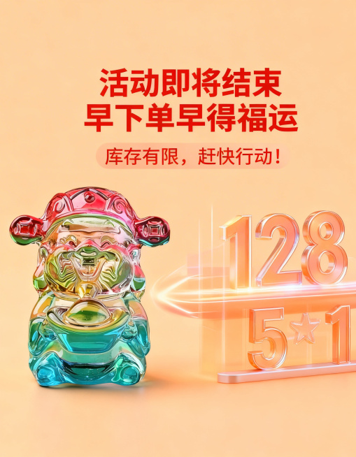 彩色大财神水晶摆件活动倒计时图，背景为暖调浅橙色，营造活动氛围，彩色大财神水晶摆件位于画面左侧，右侧搭配动态倒计时数字样式元素。画面中部悬浮文字“活动即将结束，早下单早得福运，库存有限，赶快行动！”，预览效果