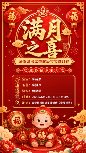 喜庆热闹风格的宝宝满月宴邀请函海报，整体暖红金色调，排版精美。主标题文字"满月之喜"，副标题文字"诚邀您出席李赫辰宝宝满月宴"，装饰文案"欢迎各位亲朋好友"，下方标注文案"宝宝：李赫辰 爸爸：李赞良预览效果