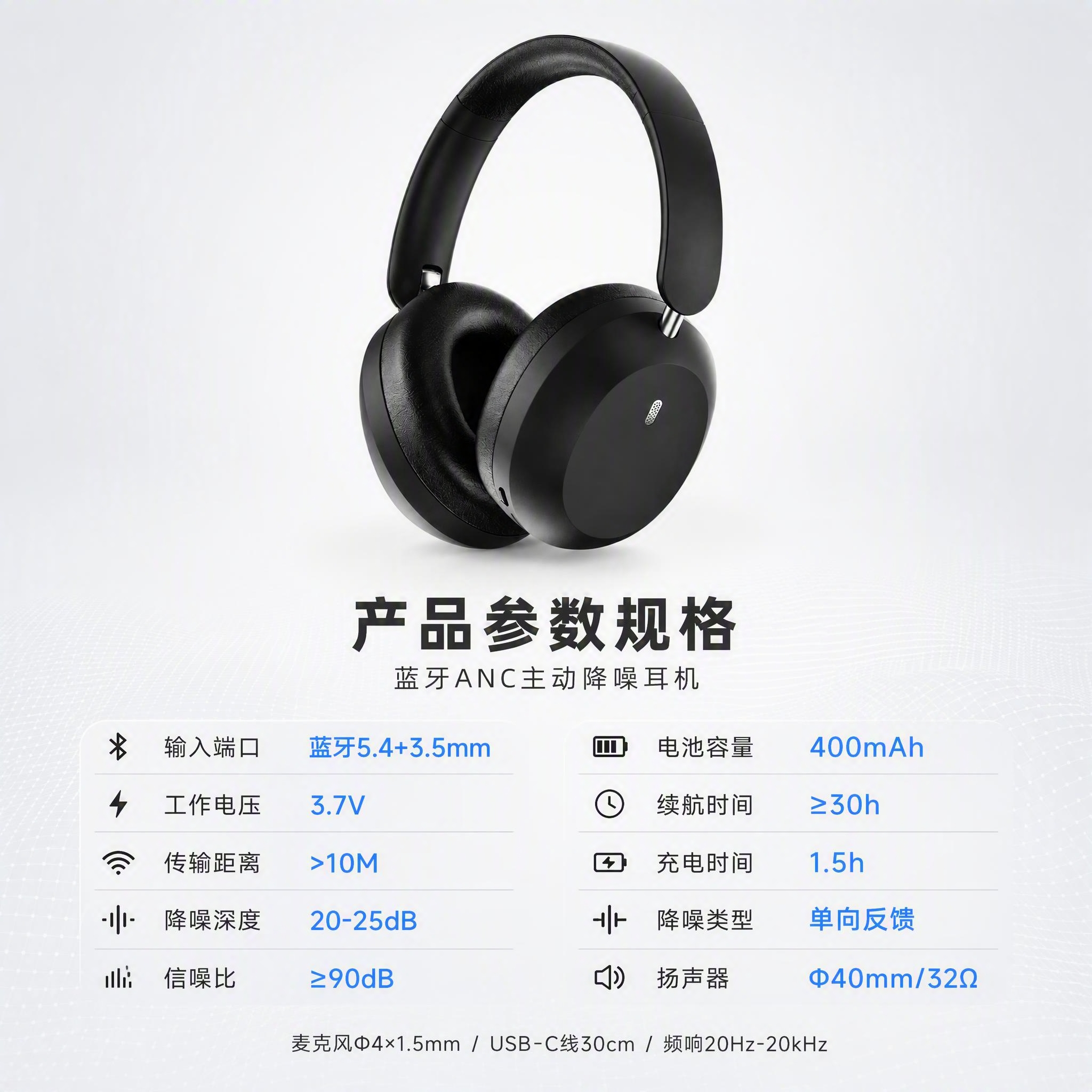 [第1张] 蓝牙ANC主动降噪头戴式耳机 产品参数详情页。本张… - 图片创意预览