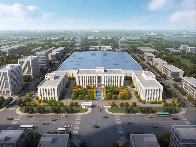 将左侧的高楼调整为与右侧建筑相同高度的中低层现代办公楼，保持整体风格、材质和透视一致性，不改变主体建筑与视角