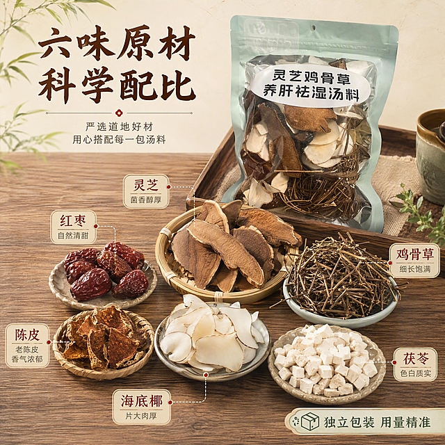 [主图-2] 核心原料展示，突出汤料多种珍贵食材与科学配比，建立信任。
[统一基调] 中式养生风格，背景主色为暖木棕与米白渐变，点缀浅草绿；标题字色为深棕褐色，辅助字色为暖灰色，强调色为朱砂红；字体用粗厚国风书法体做标题，正文用清爽黑体；卡片用圆角浅木色半透明底，图标用细线国风图标。
[画面] 产品包装袋放在画面上方居中，占比30%；下方桌面铺开展示从袋中倒出的各种原料：棕色灵芝切片、细长鸡骨草、白色海底椰片、红色红枣、褐色陈皮等，每种食材分开摆放，用细线引线标注名称；背景是原木纹理桌面，搭配竹制小簸箕与陶瓷小碟点缀；自然光从上方柔和照射，食材表面有自然光泽；整体呈现原料丰富、真材实料的直观感受。
[光影质感] 柔和自然光顶光，食材微距纹理清晰，木质桌面有真实质感，产品包装袋光影与输入图一致，商业摄影级高清。
[配色] 暖木棕、米白、食材本色、深棕标题、浅绿点缀，整体自然温润。
[文字版式] 顶部大标题"六味原材 科学配比"，下方每种食材旁配小字名称标签；右下角小字"独立包装 用量精准"；文字放在负空间，不遮挡食材主体。
[输出要求] 1:1正方形，2048px，文字清晰无错字，产品外观与输入图一致，禁止变形、模糊、水印、平台Logo、医疗功效宣称、绝对化用语。