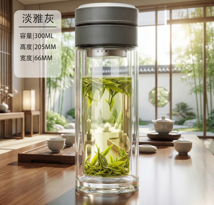 保持玻璃杯整体结构、杯内茶叶形态、左侧文字内容完全不变，更换为高档简约大气明亮轻奢茶室背景，大师级商业级灯光布景，升级双层玻璃通透度，清晰干净透明度极高，可透过玻璃清晰看到后方景象，玻璃杯崭新无瑕疵，预览效果