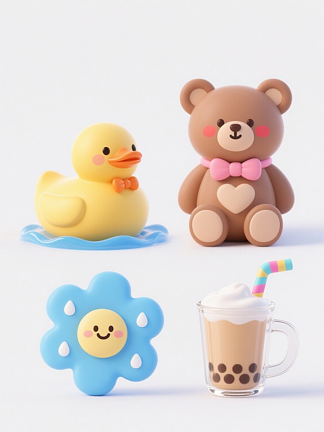 在纯白色纯色背景上，保持3D立体风格，规整排布四个完全不同造型的可爱元素系列素材集合。每个元素都具有圆润的轮廓、柔和的渐变色彩和轻微的阴影以增强立体感，延续原图的可爱治愈氛围。第一个元素是戴着粉色蝴蝶结的棕色小熊玩偶，脸颊有红晕，胸前有一颗心形图案；第二个元素是黄色小鸭子浮在蓝色水波上，鸭子戴着小小的橙色领结；第三个元素是蓝色花朵形状的卡通云朵，云朵上有微笑的表情和白色的雨滴装饰；第四个元素是透明玻璃杯中的珍珠奶茶，杯身上有彩色条纹吸管，杯口有奶泡溢出的效果。所有元素风格统一，色彩明快柔和，充满童趣和设计感，整体布局平衡对称，形成一套协调的可爱元素系列素材。