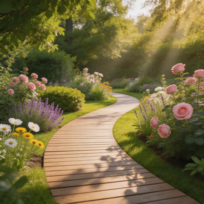 静谧的花园，盛开着各色花朵，绿意盎然，点缀着木质小道，阳光透过树叶洒下斑驳光影，整体氛围清新自然预览效果