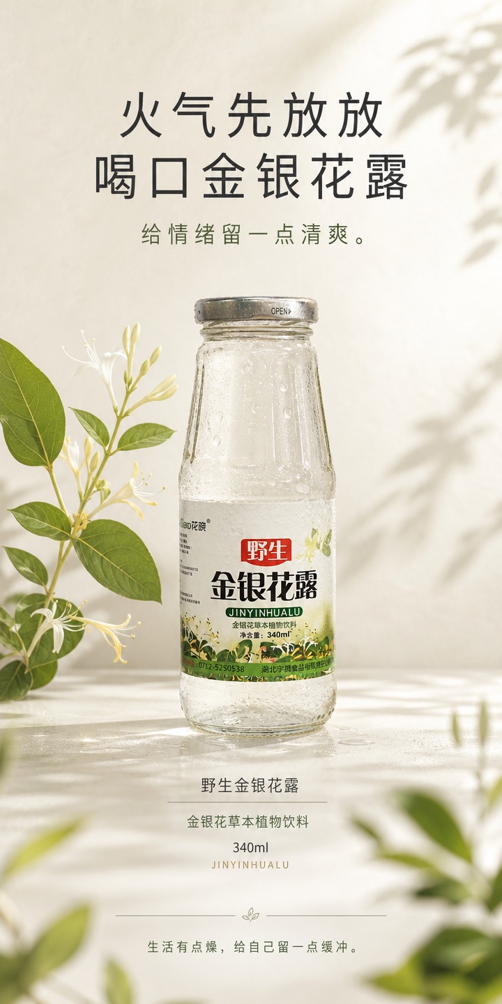 [商品] 使用【图1】野生金银花露玻璃瓶产品图；严格保留：透明… - 图片创意预览