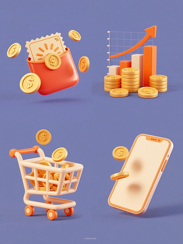 一套6张的系列素材集合，保持简约现代的3D立体风格，每张素材均为规整排布的单一元素图案，纯色背景。第一张：红包和金币的组合，红包为立体造型，表面有光泽，金币带有“$”符号和放射状纹理，悬浮在红包周围；第二张：数据图和金币的组合，柱状数据图呈上升趋势，橙色箭头向上，金币围绕数据图散落；第三张：优惠券和金币的组合，优惠券为矩形，带有锯齿状边缘和折扣标识，金币在优惠券周围分布；第四张：一堆金币，金币堆叠在一起，有前后层次感，部分金币露出“$”符号；第五张：购物车和金币的组合，购物车为简约立体造型，车轮可转动，金币从购物车中溢出；第六张：手机和金币的组合，手机屏幕朝上，金币从手机屏幕中飞出，整体造型简洁，色彩以金色、橙色为主，带有柔和的高光和阴影，保持统一的设计感和视觉风格。
