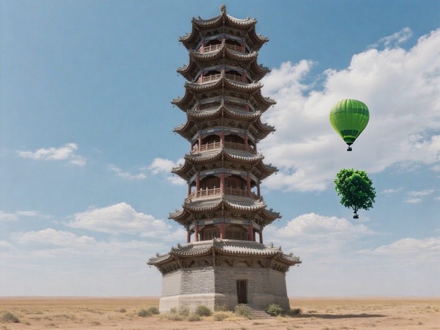 一座高耸的中央水塔，位于城市中心区域，塔身呈圆柱形，顶部有一个圆形的储水罐，水塔表面是灰色的砖石结构，带有一些复古的装饰线条，周围有蓝天白云，阳光明媚，水塔底部有一些绿植点缀，整体呈现出一种稳重而坚固预览效果