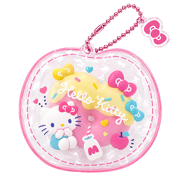 参考图一的3D产品渲染质感和材质效果，将图二的Hello Kitty甜甜圈捏捏玩具转化为3D产品渲染图。主体是圆形透明软胶袋子，透明PVC软胶质感，通透有光泽，袋子边缘为粉红色包边，袋子正面印有粉红色虚线圆环和Hello Kitty主题装饰图案。袋子内部装有一个Hello Kitty主题甜甜圈造型的硅胶捏捏玩具，甜甜圈为粉色主体，上面覆盖淡黄色糖霜，撒有彩色糖粒，装饰有粉色、黄色、蓝色蝴蝶结，还有Hello Kitty形象、苹果、牛奶瓶等元素，硅胶哑光软弹质感，颜色与设计草图完全一致。袋子顶部连接一条粉红色金属珠链，金属珠链有自然高光和金属反光效果。珠链末端挂着一个透明亚克力蝴蝶结形状小挂件，挂件上印刷粉红色蝴蝶结图案。柔光棚拍效果，纯白色背景，商品摄影风格，柔和均匀打光，阴影自然，细节清晰，高质感产品展示，正面视角