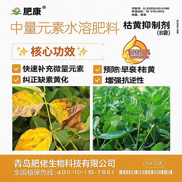 枯黄抑制剂B剂产品主图，突出快速补充微量元素、纠正缺素黄化、预防早衰枯黄、增强抗逆性功效，农资产品风格，拼多多1:1主图