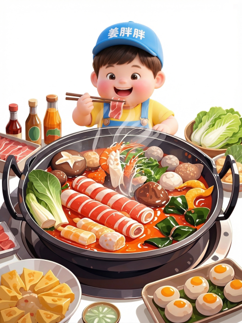 将图1的3D可爱IP形象姜胖胖，放到图2的火锅场景中，让IP形象坐在火锅前吃火锅，背景改为纯白色，保留火锅和食材的完整丰富呈现，整体风格统一融合预览效果