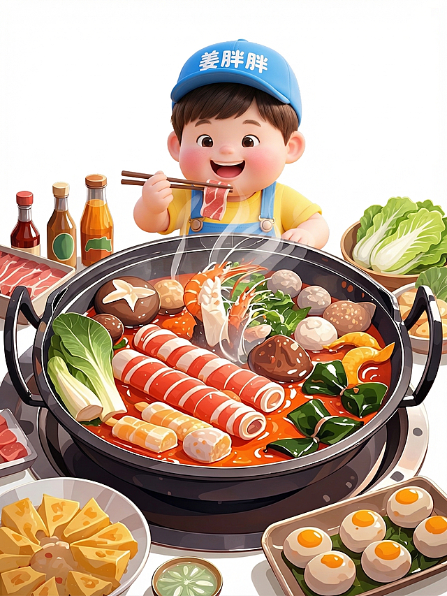 将图1的3D可爱IP形象姜胖胖，放到图2的火锅场景中，让IP形象坐在火锅前吃火锅，背景改为纯白色，保留火锅和食材的完整丰富呈现，整体风格统一融合