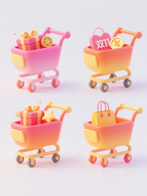 一套4个规整排布的3D卡通风格电商素材，每个素材主体为不同造型样式的购物车，保持简约现代设计感。购物车采用鲜艳活泼的渐变色彩（如粉色、橙色、黄色等），搭配光滑圆润的造型和柔和高光。每个购物车分别装载与“双11”电商营销氛围相关的不同元素：如礼盒、星星金币、折扣标签、购物袋等，元素色彩明快，立体感强。所有素材均使用纯色背景（可选用白色或浅色系），无任何文字、logo或水印，整体氛围欢快、喜庆，符……预览效果
