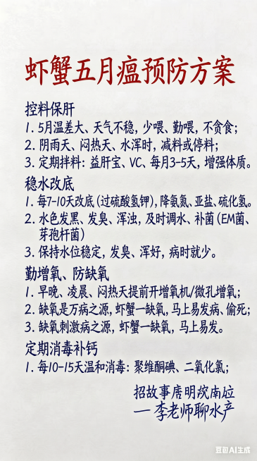 参照原图的样式和背景，保留手写字体风格和颜色：主标题使用红色大字，正文使用深蓝色手写字体，右下角署名深蓝色字体。替换文案内容，一字不差保留新内容：
"虾蟹五月瘟预防方案

控料保肝

1. 5月温差大预览效果