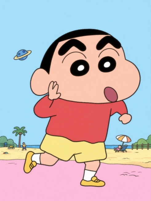 蜡笔小新卡通形象，保持原角色特征：粗黑的眉毛、圆圆的大眼睛、微张的嘴巴、伸出的舌头、右手放在脸颊旁的经典搞怪表情，穿着红色上衣和黄色短裤，黄色鞋子搭配白色袜子，整体采用蜡笔小新动画原版的2D手绘风格，线条简洁流畅，色彩鲜明平涂，无渐变阴影，纯色背景（如浅蓝色/粉色/黄色），无任何文字、logo或水印，角色位于画面中央，构图饱满，展现小新在不同场景（如公园玩耍/沙滩度假/太空探险）中的动态姿态，……预览效果