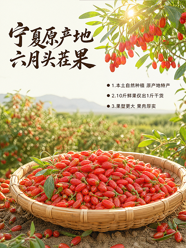 使用商品详情页技能根据商品图「图片1」「图片1」「图片1」「图片1」「图片1」「图片1」「图片1」「图片1」生成1套详情页，参考图为，商品名称为宁夏枸杞，卖点为一、产品基础信息 产品名称：宁夏枸杞 产地：宁夏 净含量：360 克 保质期：12 个月 生产日期：见产品包装袋 储藏方式：干燥冷藏 二、产品核心卖点 1. 原料与采摘 6 月头茬大果，宁夏本土自然土生种植、原产地特产； 鲜果出果率低：约 10 斤鲜果晾晒仅出 1 斤头茬枸杞，果型大、果肉厚实。 2. 品质特点 地理优势：宁夏特殊地域种植，枸杞糖分偏低、干燥度佳； 洁净度：杂质少、不易返潮结块，干度足； 食用口感：干嚼甘甜，泡水后茶汤清亮。 3. 生产工艺 产自宁夏无污染种植基地，经历鲜果种植→自然晾晒→人工筛选三道工序，原生态原汁原味。 三、食用方法 可直接干吃，也能泡茶、泡酒、煮粥、煲汤。，适配平台为淘宝/天猫，图片比例为4:3，需求屏数为6张，其他要求为