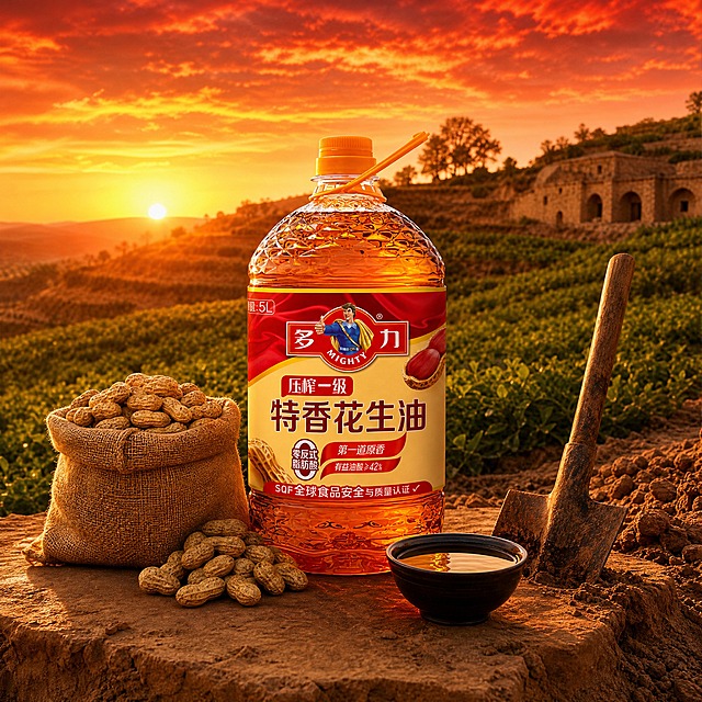 超写实商品摄影。
主体：花生油桶严格参照上传产品图，完整保留所有可见组件、部件、轮廓、结构、比例、材质、颜色与产品本体上的文字信息（logo/型号/规格/参数/浮雕/刻度等），与上传图完全一致；自然融入场景光影，与场景共处同一物理空间。产品占画面约40%，完整不裁切，中景构图，背景无其他同类食用油产品。
构图：三分法，正面微侧8°平视。
风格：黄土高原花生地风光。
场景：黄土高原坡地花生田，秋日黄昏。
空间：①承载面，坡地田埂上一块黄土夯实的土台；②背景，层层黄土坡上种满深绿色花生，远处有几孔土窑洞和老槐树；③天空，浓烈的橙红色火烧云。
陈设：①土台上油桶左侧，一只老粗布口袋装满带壳花生；②油桶右前方，一只黑瓷碗盛着金黄油液；③土台边，一把老镢头斜插在土里。
配色/材质：黄土黄/花生深绿/窑洞褐/火烧云橙红/油金黄；黄土/粗布/黑瓷/木柄农具/塑料桶。
光影：主光来自地平线方向的黄昏落日，暖红色逆光铺满整个画面；油桶边缘有红色轮廓光，桶身油液呈深琥珀色，黄土地被染成金红色，苍凉壮阔。
参数：写实光追。严格锁定宽高比为1:1。