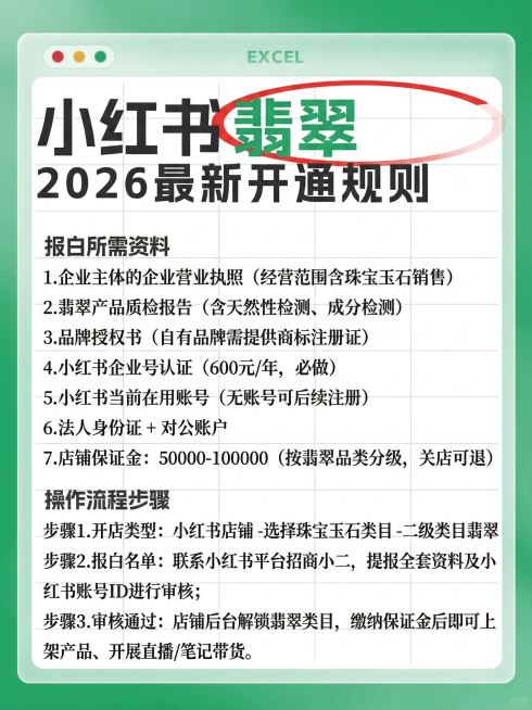 保持原图的绿色渐变背景、Excel窗口样式、字体大小和排版风格，标题替换为“小红书 翡翠 2026 最新开通规则”，其中“翡翠”用绿色字体加红色椭圆圈标注。内容为：报白所需资料
1. 企业主体的企业营预览效果