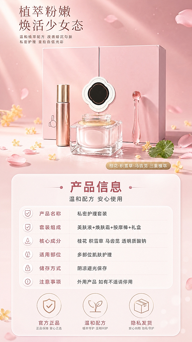 [商品] 使用【图2】完整套装（粉色礼盒、美肤液、焕肤霜、按摩棒）作为产品标准照素材，保留套装结构与所有本体文字，不变形不改写。
[画面] 目标：产品信息与安心保障收尾页；9:16竖构图，上方三分之一为套装标准照，置于浅粉渐变背景并散落花瓣与桂花；下方三分之二为奶白半透明圆角信息卡，左侧竖排参数表分行清晰，右侧或底部放服务icon；信息层级分明，移动端可读。
[视觉] 套系策略：风格=粉嫩柔光高端护理商业摄影；标题字=现代无衬线粗体；正文字=简洁无衬线体；主色=柔雾浅粉；背景延展=浅粉到奶白渐变、花瓣与柔光光斑、轻微丝绸质感；强调色=玫瑰金，仅用于小面积图标、引线和标签；标题色=深玫红；正文色=暖灰粉；组件=奶白半透明圆角信息卡、细线引线、圆形icon；光影=左前侧柔光箱光。
[文字] 主标题"产品信息"，副标题"温和配方 安心使用"；参数表分行："产品名称 私密护理套装""套装组成 美肤液+焕肤霜+按摩棒+礼盒""核心成分 桂花 积雪草 马齿苋 透明质酸钠""适用部位 多部位肌肤护理""储存方式 阴凉避光保存""注意事项 外用产品 如有不适请停用"；底部三个服务icon配词"官方正品""温和配方""隐私发货"；字段名与内容分行，正文字号保证手机端可读，所有文字仅横向排版。
[规格] 9:16竖版，4K；避免产品变形、错字乱码、参数行错位、水印、平台Logo、竖排文字、冷蓝主色调；禁止出现提亮、焕亮、美白等功效词。
