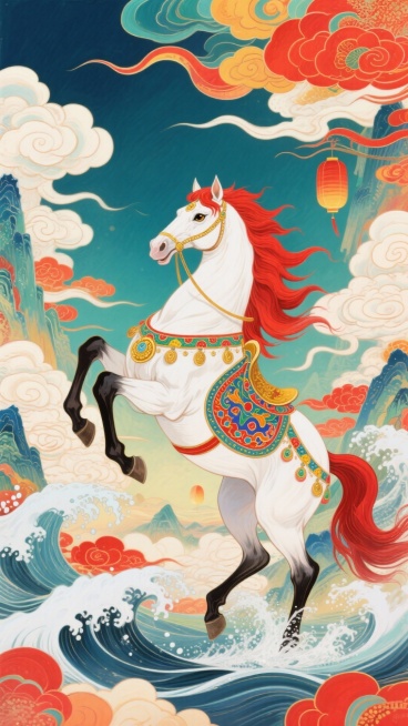 主体是饰有彩纹鞍具的浅白赤红鬃马（金眼，呈前蹄高扬、后蹄踏浪的腾跃姿态，充满神圣感），背景为充满喜庆感的山水、祥云、浪涛元素，整个画面充满动态感预览效果