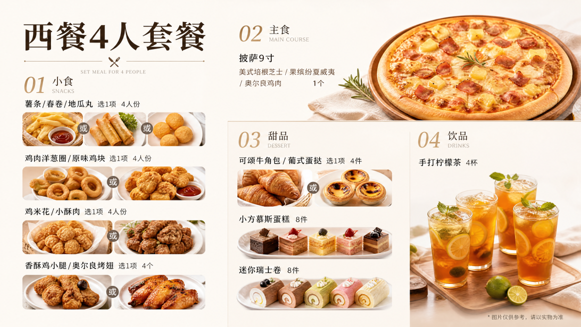 参考这张参考菜单图片的版式，设计一份大气简约的西餐4人套餐菜单，排版清晰分明，符合西餐简餐格调，搭配真实有食欲的食物实拍图。包含以下文字内容：标题：西餐4人套餐
分类一：小食
薯条/春卷/地瓜丸 选1预览效果