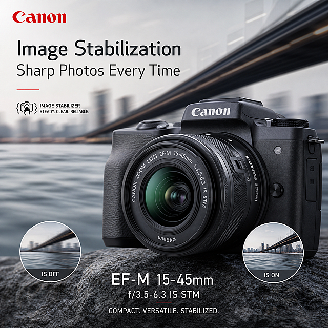 佳能EF-M 15-45mm f/3.5-6.3 IS STM镜头产品主图，简约高级风格，符合佳能品牌调性，突出产品防抖卖点，突出产品主体，展示镜头搭配相机的使用场景，添加英文文案"Image Stabilization
Sharp Photos Every Time"，文字清晰，色调统一，1:1构图