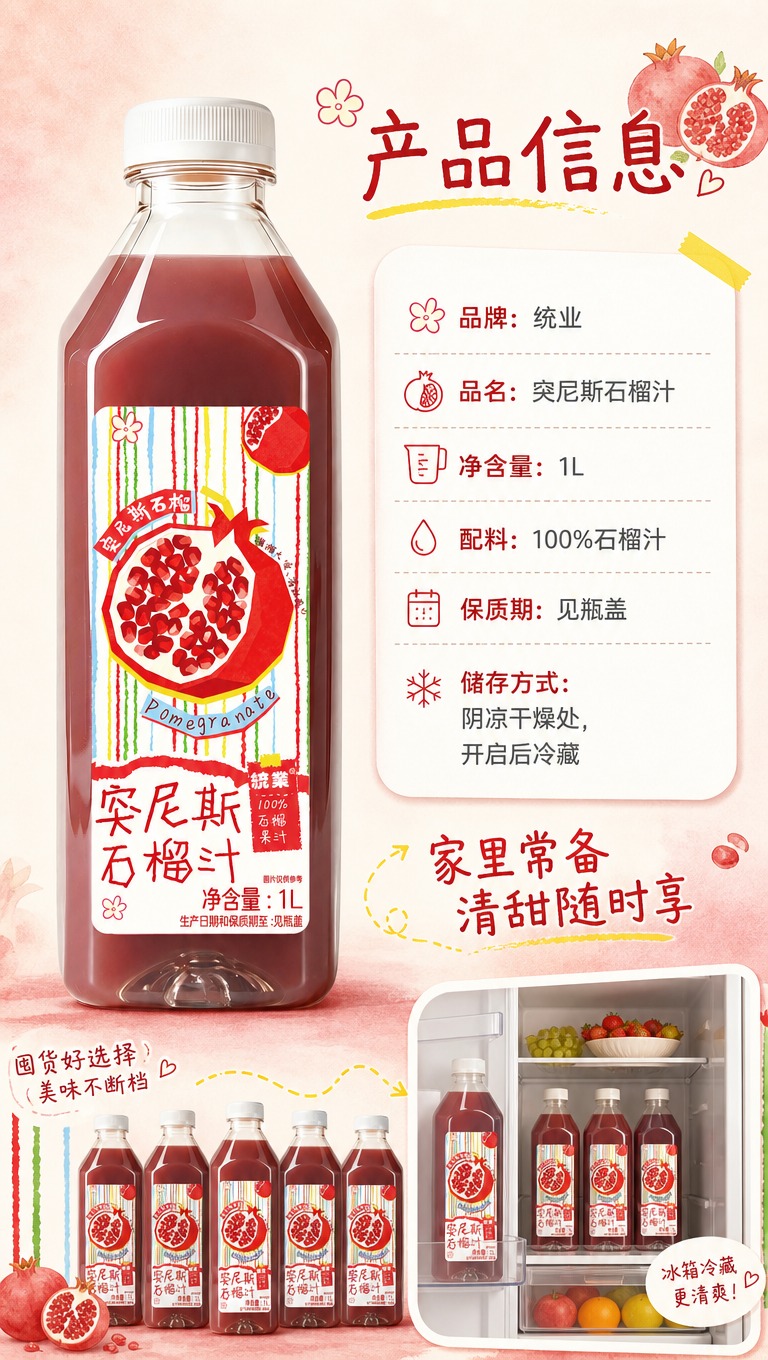 [商品] 使用【图1】统业突尼斯石榴汁1L装透明瓶；保留瓶身所… - 图片创意预览