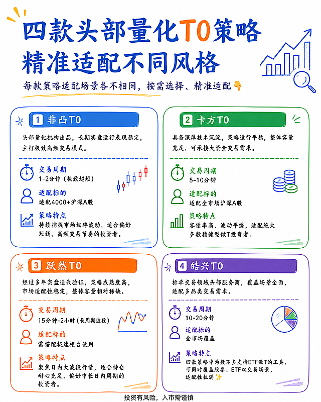 去除所有策略名称后面的简短评价（包括超短高频适配、稳健通用适配、日内波段适配、全能型适配（支持ETF）），修改皓兴T0适配标的：只保留全市场覆盖，删除双版本适配和投易通券池版内容，将图片底色改为纯白色，图片底部加一行小字：投资有风险，入市需谨慎，保留其余所有原有内容不变，极简手绘简约风，线条干净细腻，小红书图文排版，留白舒适，高清细腻