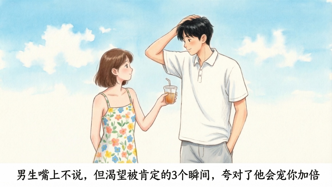 在图片图片下方空白区域添加文字“男生嘴上不说，但渴望被肯定的3个瞬间，夸对了他会宠你加倍”，保持原图水彩插画风格不变，保留原有蓝天背景和情侣人物内容预览效果