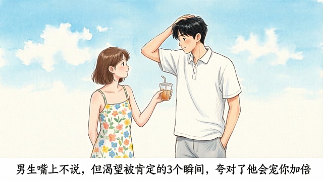 在图片图片下方空白区域添加文字“男生嘴上不说，但渴望被肯定的3个瞬间，夸对了他会宠你加倍”，保持原图水彩插画风格不变，保留原有蓝天背景和情侣人物内容