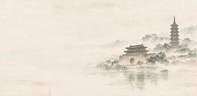 参考图的整体版式与淡雅国风调性，去掉原图中所有文字文案（包括标题、展览信息、日期、主办单位、logo等全部文字内容），将右侧的古琴插画替换为江阴地标建筑，包含朝宗门、兴国塔等江阴标志性古建筑，采用水墨晕染的艺术风格，墨色浓淡相宜，建筑在水墨中若隐若现，背景保留米黄色宣纸质感与淡祥云纹理，整体色调清雅古朴，横版构图，画面干净留白充足，中国风水墨意境