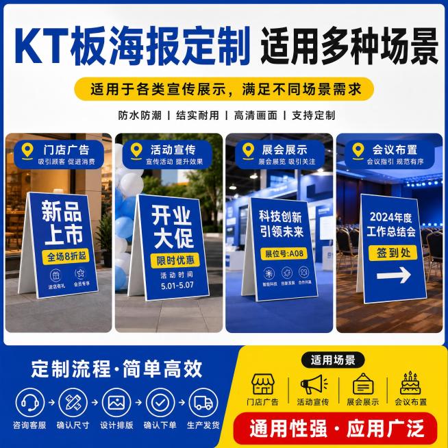 设计KT板海报定制淘宝副图，展示门店广告、活动宣传、展会展示、会议布置等适用场景，突出产品通用性，风格和主图统一预览效果