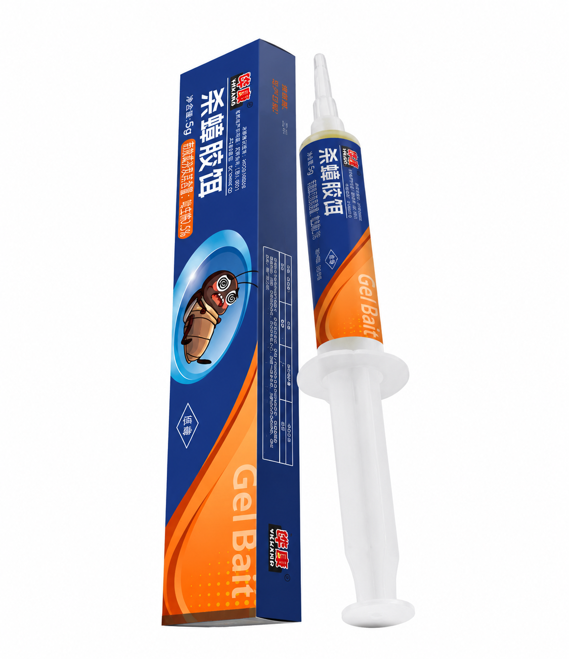 将图中的杀蟑胶饵产品（蓝色包装盒和针管式胶饵）改为仰视视角拍摄… - 图片创意预览