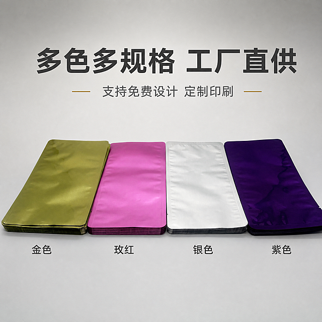 [主图-5] 主题：多色多规格SKU展示 规格齐全 工厂直供。
[统一基调] 1688 B端源头感 高级商业摄影风格 浅灰渐变背景搭配柔和自然光 整体干净通透 突出铝箔金属质感与包装专业感 字体用简洁无衬线粗体 主标题深灰色 辅助文字中灰色 强调色用暗金色 不使用大面积促销色块 保持克制高级。
[画面] 画面展示四款不同颜色的铝箔真空袋整齐横向排列 从左到右依次为金色 玫红色 银色 紫色 每款为一叠平放的真空袋 圆角端头朝前 颜色与原图完全一致 排列整齐有序 体现规格齐全 多色可选 每款下方标注颜色名称 金色 玫红 银色 紫色 产品占画面约60% 居中排列。
[光影质感] 商业影棚顶光加侧光 每叠袋子光影一致 铝箔表面金属光泽均匀 圆角轮廓清晰 底部有统一方向的柔和阴影 整体整齐统一。
[配色] 背景浅灰渐变 四款产品颜色分别为金 玫红 银 紫 与原图一致 文字深灰 整体丰富而不杂乱。
[文字版式] 顶部主标题 多色多规格 工厂直供 副标题 支持免费设计 定制印刷 底部四款颜色名称对应排列 字体统一。
[输出要求] 比例1:1 2048x2048 产品清晰 排列整齐 禁止产品变形 禁止改变圆形端头形状 禁止改变透视角度 禁止减少产品 禁止改变产品颜色 禁止出现宣传泡沫 禁止出现平台Logo水印。