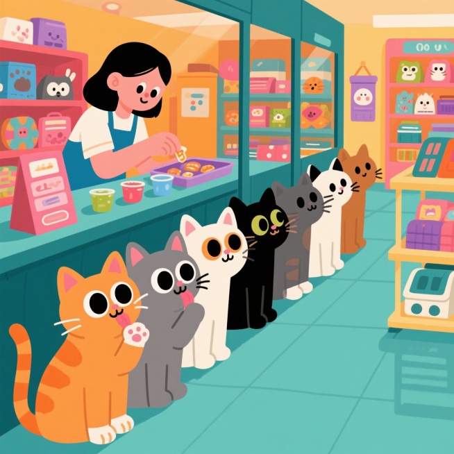 彩色小猫们在宠物店里排队等待领养，它们有橙色、灰色、白色、黑色等不同毛色，每只小猫都睁着大大的圆眼睛，有的在舔爪子，有的在好奇地张望。店员是一位温柔的小姐姐，正在给每只小猫准备小零食，背景是温馨的宠物预览效果