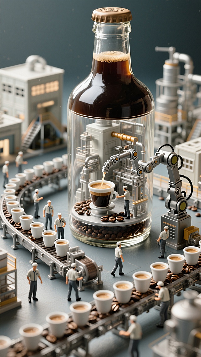 科技感十足的微缩艺术风，瓶中工厂展现未来工业美学，超现实主义设计手法。