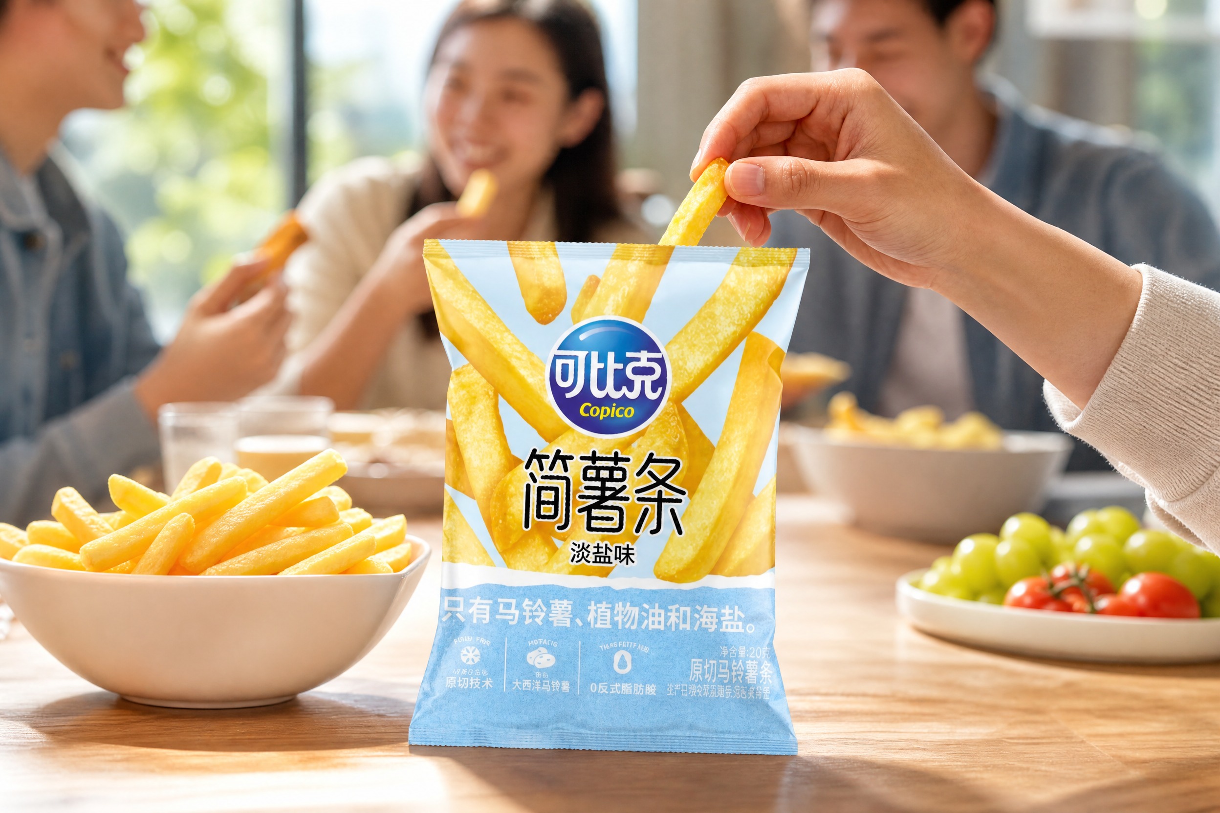 电商美食海报，清新明亮自然光。画面正中间居中摆放可比克简薯条淡… - 图片创意预览
