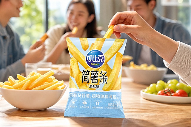 电商美食海报，清新明亮自然光。画面正中间居中摆放可比克简薯条淡盐味包装袋，采用第一人称视角，手指从包装袋里抽出一根金黄酥脆的薯条。背景虚化处理，几位好友围坐在一起互相分享零食，轻松欢乐聚会氛围。旁边摆放一碗盛满薯条的白碗，薯条金黄饱满。柔和户外窗边光线，高清商业摄影质感，食品质感通透，8K超清，主体商品突出，主次分层分明，构图主体居中，干净通透。画面中不添加任何文案文字，纯视觉画面呈现。

可比克简薯条淡盐味包装袋100%还原上传商品图的产品外形、包装、LOGO、印刷文字，以上传图为唯一商品主体来源，完整保留原图中的袋型、轮廓、结构、比例、品牌logo、口味文字、材质质感、颜色与正面朝向，包装、配色、产品结构与标签布局均与上传图保持一致；正面朝向以品牌与标签主要信息清晰可读为准。设计仅作用于背景、光影、道具和场景；商品主体占比55%～70%。

写实商业摄影风格，清新明亮色调，酥脆食欲感，轻松欢乐分享氛围。三层空间层次：远景虚化好友聚会→中景产品包装袋与薯条碗→前景手指抽出薯条。柔和窗边侧光，浅景深，产品主体清晰锐利，薯条金黄通透有质感。