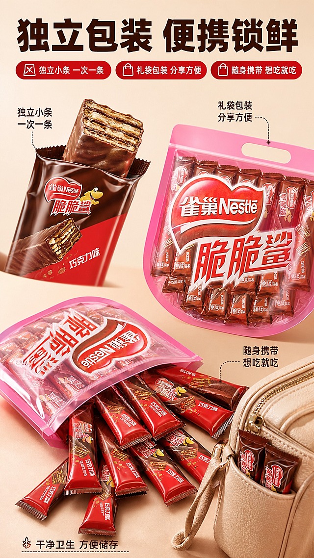 [第5张 包装细节]

[商品] 雀巢脆脆鲨巧克力味威化，包含：粉色U形礼袋装、红棕色独立小条包装；完整保留所有包装细节、文字、logo。

[画面] 页面目标：展示独立小条包装和礼袋装的细节与便携性。结构特写+双包装对比型。画面上半部分左侧为小条包装特写（撕开的小条，威化微微露出，巧克力涂层有光泽），右侧为礼袋手提部分特写（展示U形提手设计和礼袋质感）；下半部分展示多根小条从礼袋中倒出的效果，展示丰富的内容量；旁边有口袋或包包，体现随身携带的便利性。景别特写+中景结合，产品占画面约60%。

[视觉] 风格=抖音内容电商风 食欲感 暖棕色调；标题字=粗黑体 厚重有力；正文字=简洁无衬线体；主色=巧克力棕+红色+粉色；背景延展=浅米色到浅棕色渐变，干净突出产品；强调色=正红；标题色=深棕色；正文色=中棕色；组件=圆角卖点标签、引线标注；光影=正面柔光，包装质感清晰。

[文字] 顶部主标题：粗黑体深棕字"独立包装 便携锁鲜"；3个卖点标签："独立小条 一次一条"、"礼袋包装 分享方便"、"随身携带 想吃就吃"；底部小字："干净卫生 方便储存"。文字全部横排。

[规格] 比例9:16竖版，负向：变形、错字、糊字、伪Logo、手指畸形、主体遮挡、背景杂乱、低清晰度、悬浮、水印、平台logo、竖排文字。