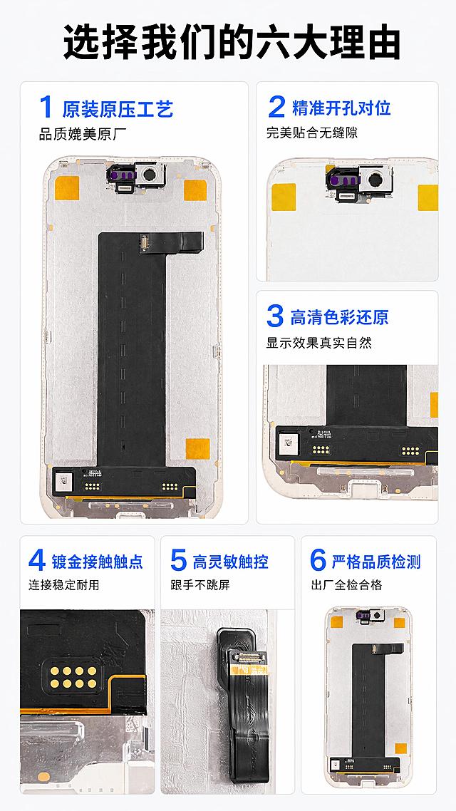 [第3屏] 核心卖点总览屏-苹果17air屏幕总成六大核心优势。本屏使用【图1】【图4】【图5】产品细节做卡片配图。
[氛围/风格]信息清晰专业，排版层级分明
[元素布局]顶部大标题，下方采用左1大+右2小的不规则卡片瀑布流布局，共展示6个卖点，其中3个卖点搭配产品局部细节图，保持细节与原图完全一致。背景为纯净浅灰底色，卡片带细浅灰边框区分
[光影质感]均匀柔和布光，每个卡片内产品细节清晰可见，文字醒目
[配色色系]全局底色 #F8F9FA，主标题黑色，卖点标题蓝色，说明文字深灰色，卡片白底
[视角构图]从上到下排版，左侧大图占比更大，突出核心卖点，右侧两个小卖点依次排列，疏密有致
[文字版式]顶部大标题「选择我们的六大理由」，黑色粗体。每个卖点：大字体卖点标题+小字体说明文字：1 原装原压工艺 品质媲美原厂 2 精准开孔对位 完美贴合无缝隙 3 高清色彩还原 显示效果真实自然 4 镀金接触触点 连接稳定耐用 5 高灵敏触控 跟手不跳屏 6 严格品质检测 出厂全检合格。配图卖点图片不遮挡文字，信息清晰
[比例分辨率]9:16竖版比例，4K分辨率，文字清晰，高清画质
[负向提示词] 产品细节变形，文字错乱，信息重叠，背景杂乱，水印
